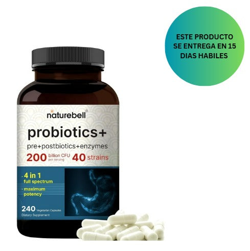 NatureBell Probiótico 200 mil millones de CFU – 40 cepas por porción | 240 cápsulas vegetarianas