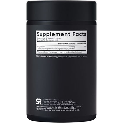 Sports Research - Magnesio glycinate chelated 160mg, 200 capsulas veggie
