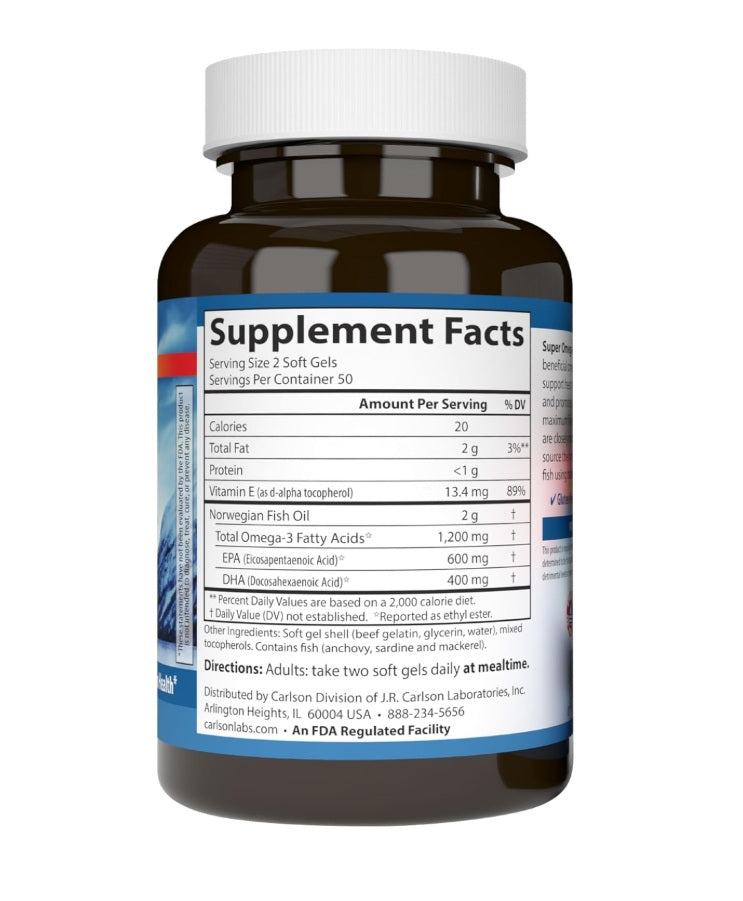 Carlson - Super Omega-3, 1200 mg de ácidos grasos omega-3 con EPA y DHA,  100 Capsulas de Gel.