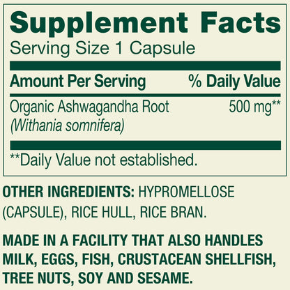 Ashwagandha 500mg , 60 capsulas vegetarianas - Spring Valley