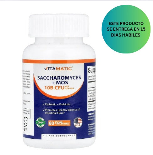 Vitamatic Saccharomyces Boulardii Probiotic 10B por porción + extracto de levadura (fracción de levadura MOS), 60 capsulas