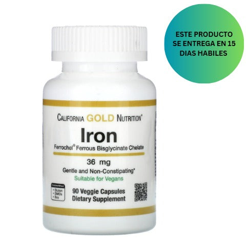 California Gold Nutrition Hierro Ferrochel, forma de quelato de bisglicinato ferroso, suave para el estómago, 36 mg, 90 cápsulas vegetale