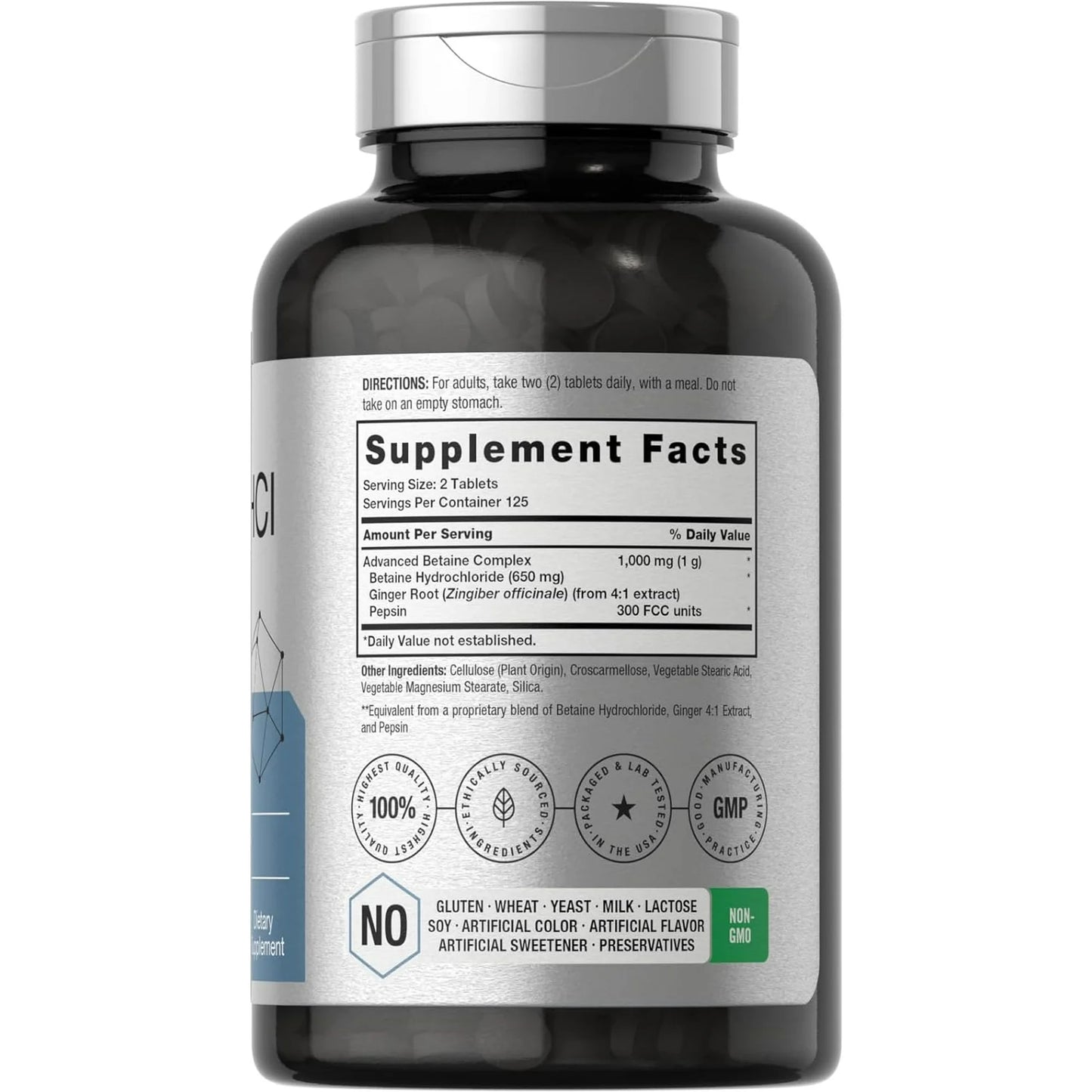 Horbäach Betaína HCl con pepsina | 1000 mg | 250 tabletas | Suplemento de clorhidrato | con raíz de jengibre | Sin OMG, sin gluten