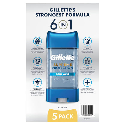 Gillette Supreme  Desodorante antitranspirante en gel transparente 6 en 1 para hombre, Cool Wave, 107 g
