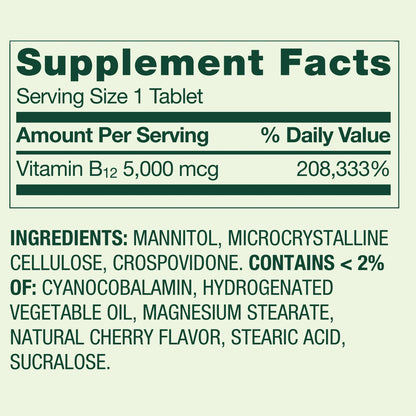 B12 spring valley  tabletas extra fuertes de disolución rápida - sabor cereza, 5000 mcg, 300 unidades