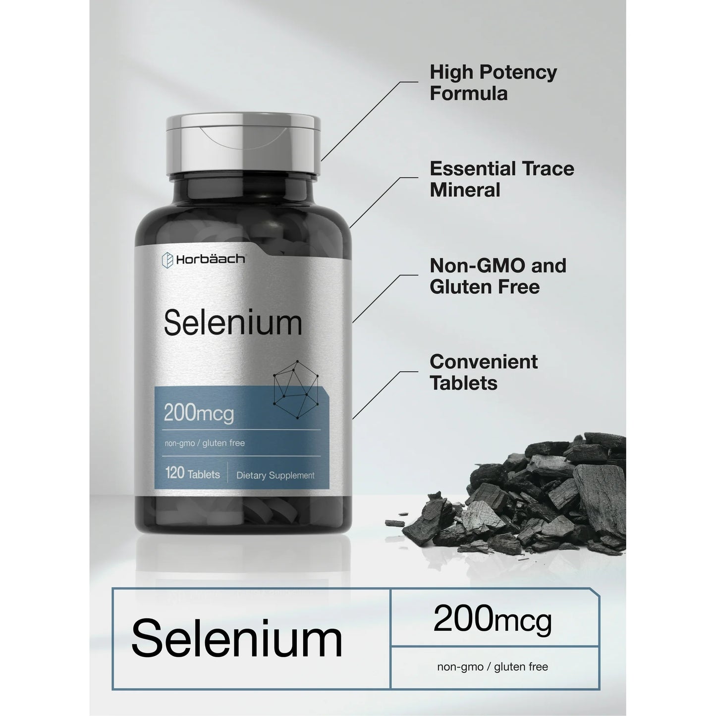 Horbäach Suplemento de selenio de 200 mcg para mujeres y hombres | 120 tabletas | Sin OMG y sin gluten