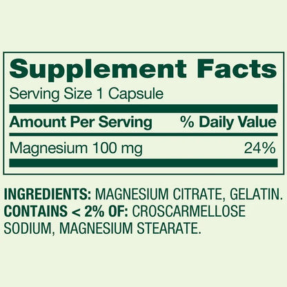 Cápsulas de citrato de magnesio de liberación rápida Spring Valley para la salud ósea, 100 mg 100 capsulas
