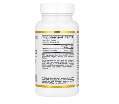California Gold Nutrition Picolinato de zinc 50 mg 120 cápsulas vegetales