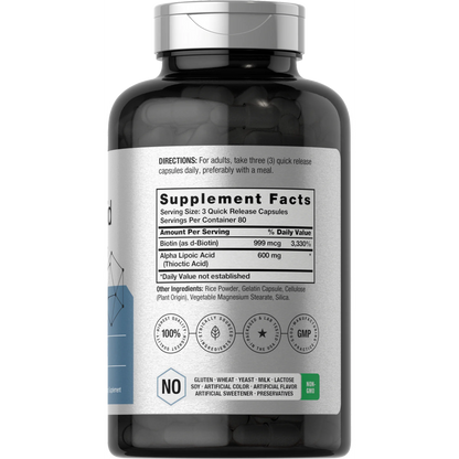 Horbäach Ácido alfa lipoico de 600 mg | 240 cápsulas | con optimizador de biotina | Suplemento sin OMG y sin gluten