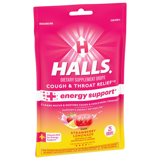 HALLS Alivio para la tos y la garganta, apoyo energético, sabor a limonada de fresa, 25 pastillas