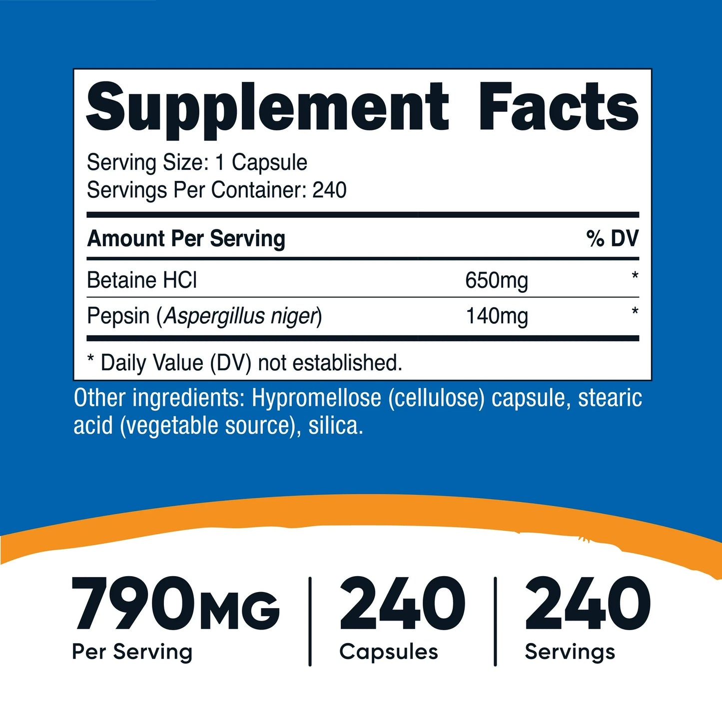Nutricost Betaína HCl + Pepsina 790 mg, 240 cápsulas - Sin gluten y sin OMG