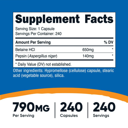 Nutricost Betaína HCl + Pepsina 790 mg, 240 cápsulas - Sin gluten y sin OMG