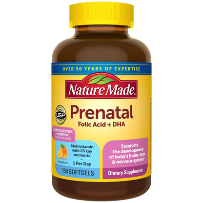 Nature Made Multivitamínico Prenatal con Ácido Fólico  + DHA  150 Capsulas de Gel.