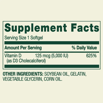Spring Valley - Vitamina D3 125mcg (5000 IU) Extra Strength en Softgels