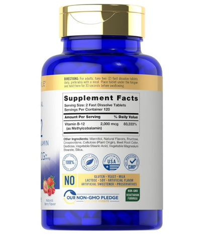 Carlyle Vitamina B12 de 2000 mcg | 240 tabletas de disolución rápida | Metilcobalamina sublingual | Sabor a bayas