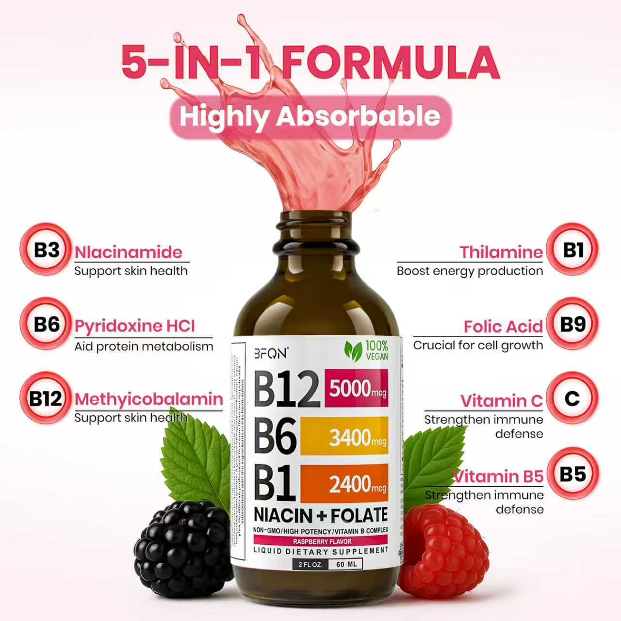 Gotas de suplemento líquido de vitamina B12 con sabor a frambuesa, con B6, B1, niacina y ácido fólico, 60ml