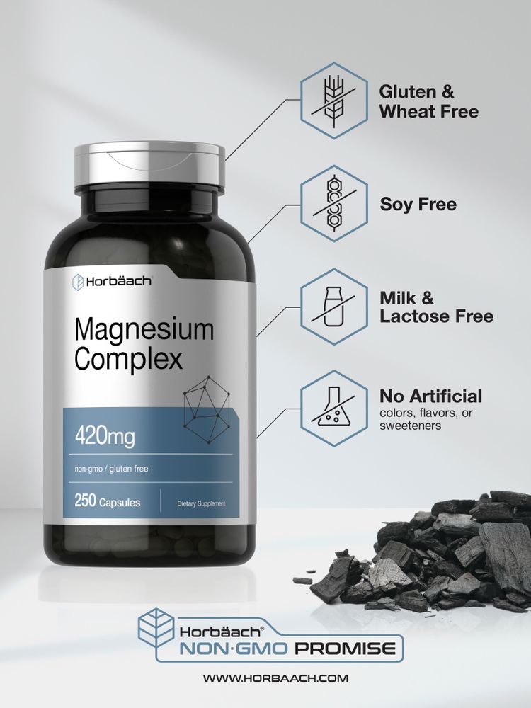 Horbaach - Complejo triple de magnesio | 420 mg | 250 cápsulas - Suplemento dietético de óxido de magnesio, citrato y aspartato