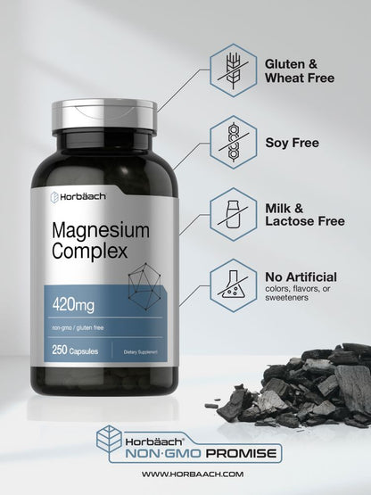 Horbaach - Complejo triple de magnesio | 420 mg | 250 cápsulas - Suplemento dietético de óxido de magnesio, citrato y aspartato