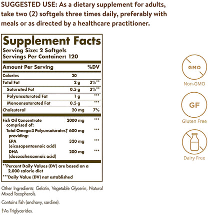 Omega 3  Fish Oil Solgar 2000mg. Aceite de Pescado Concentrado  -  Cápsulas  de Gel