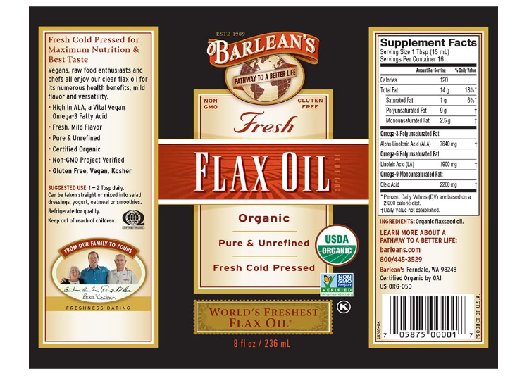 Barleans, aceite de lino orgánico, 8 onzas líquidas