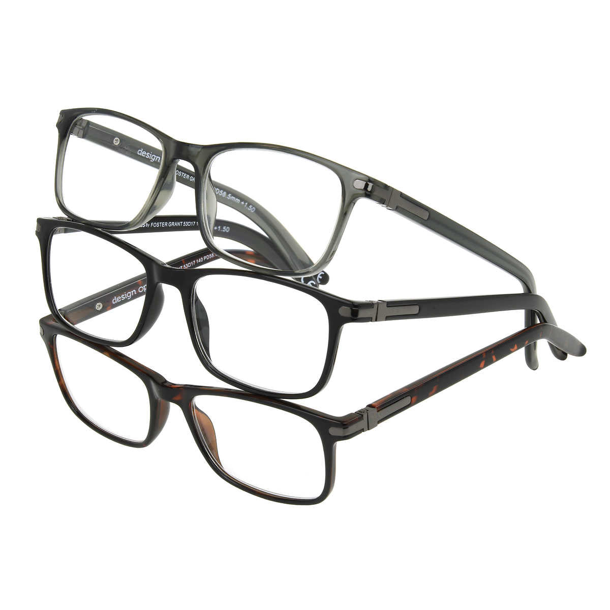 Design Optics by Foster Grant Cole Gafas de lectura rectangulares con montura completa, paquete de 3
