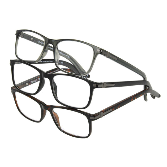 Design Optics by Foster Grant Cole Gafas de lectura rectangulares con montura completa, paquete de 3