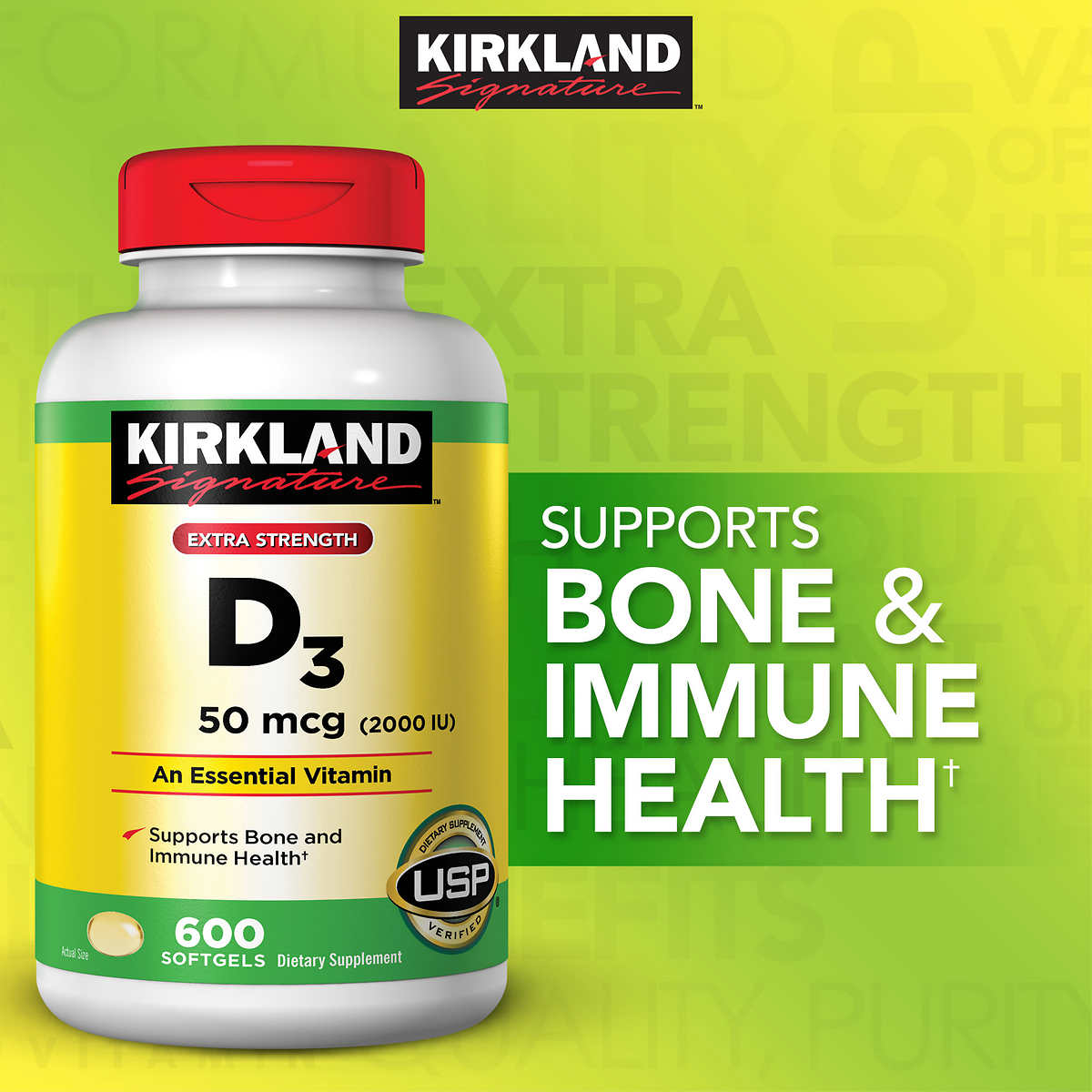 Kirkland Signature Extra Strength D3 50 mcg., 600 cápsulas blandas