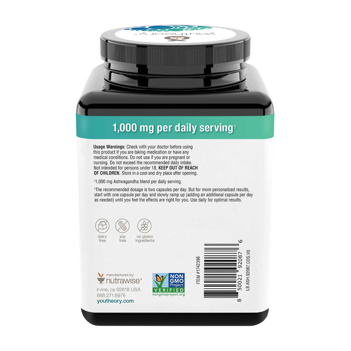 Youtheory Ashwagandha 1000mg - 180 Cápsulas Vegetarianas