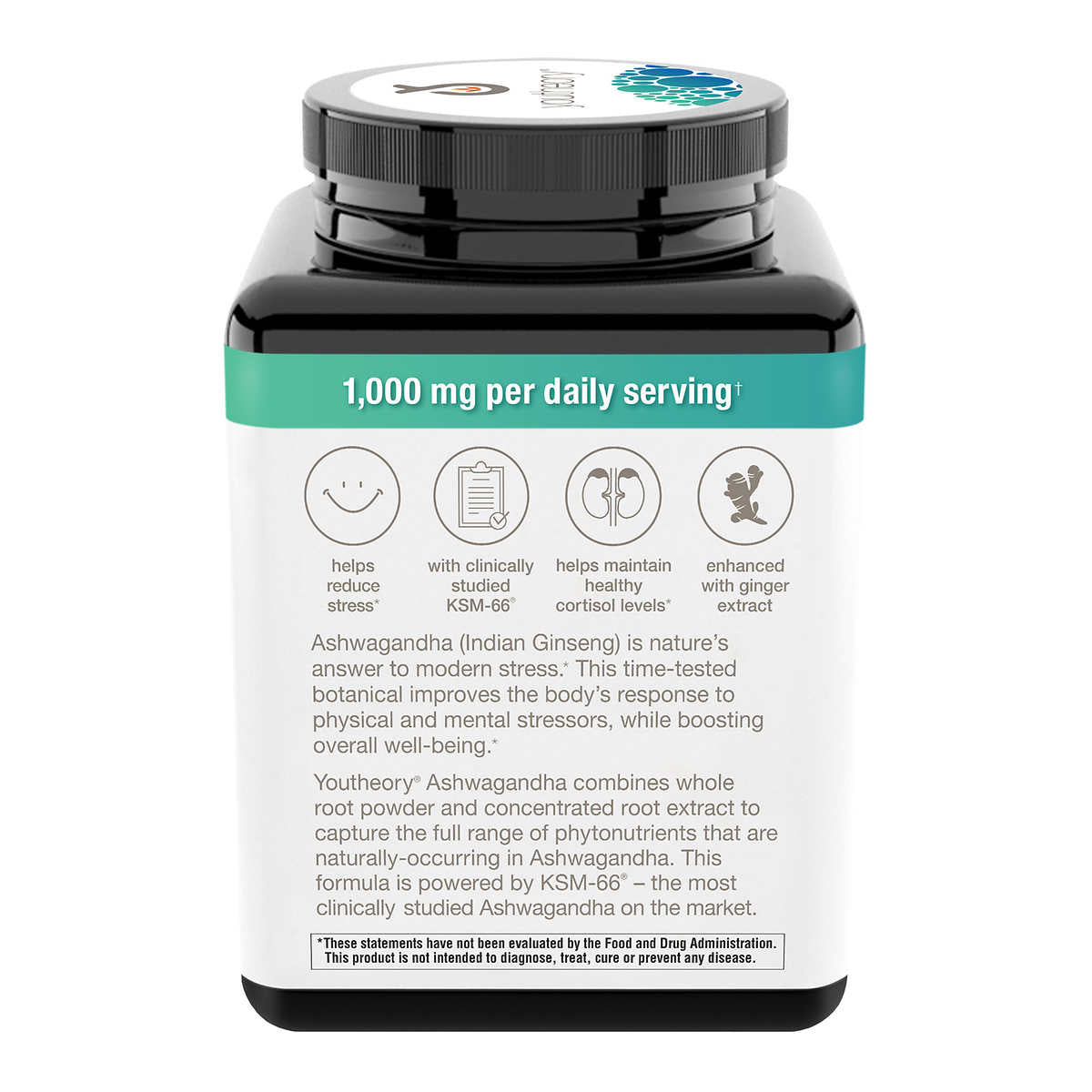 Youtheory Ashwagandha 1000mg - 180 Cápsulas Vegetarianas