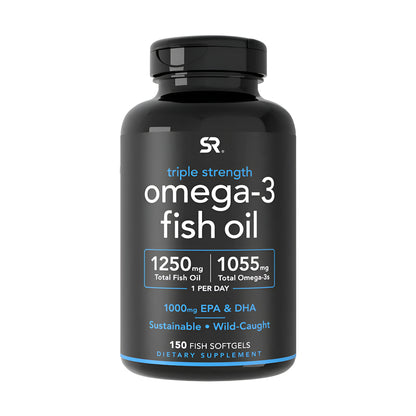 Omega 3  Sports Research - Fish Oil 1250mg - 1055 mg. Omega 3 1055 mg - Triple Accion - 150 Cápsulas Blandas