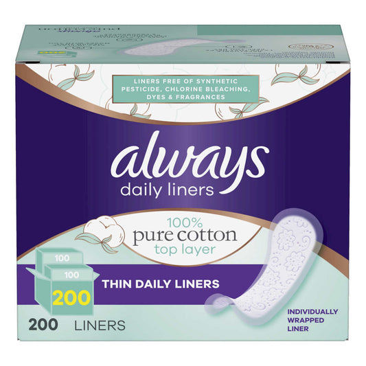 Always daily liners 100% algodón, 200 toallitas delgadas diarias