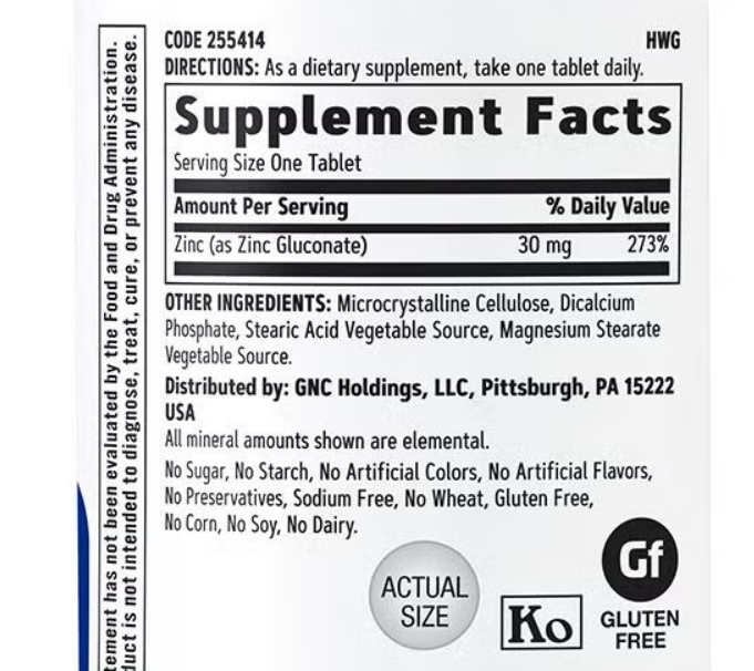 GNC - ZINC 30MG , 100 Tabletas vegetarianas