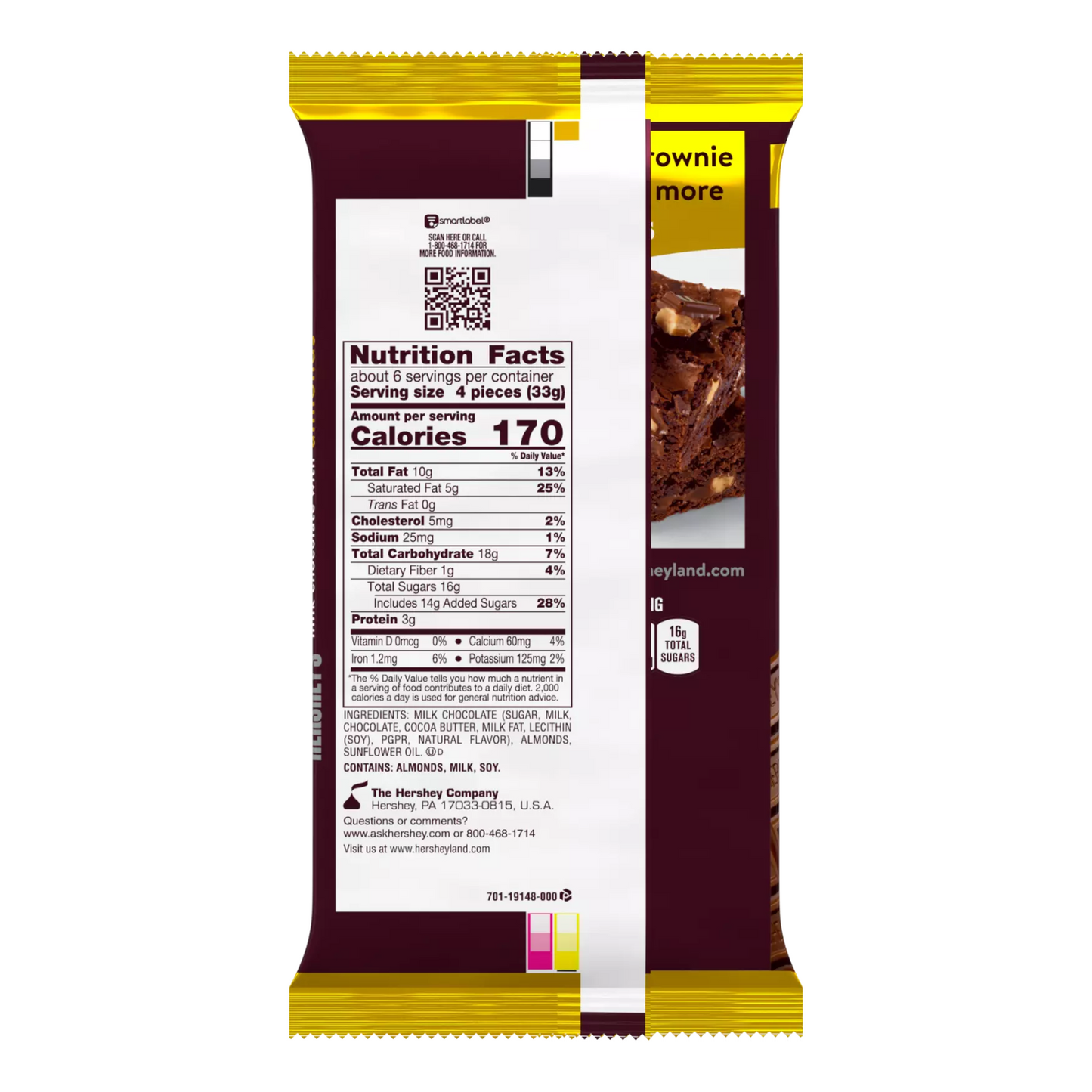 Hershey's Milk Chocolate with almonds GIANT - 25 piezas, 208g - 170 calorías por 4 piezas