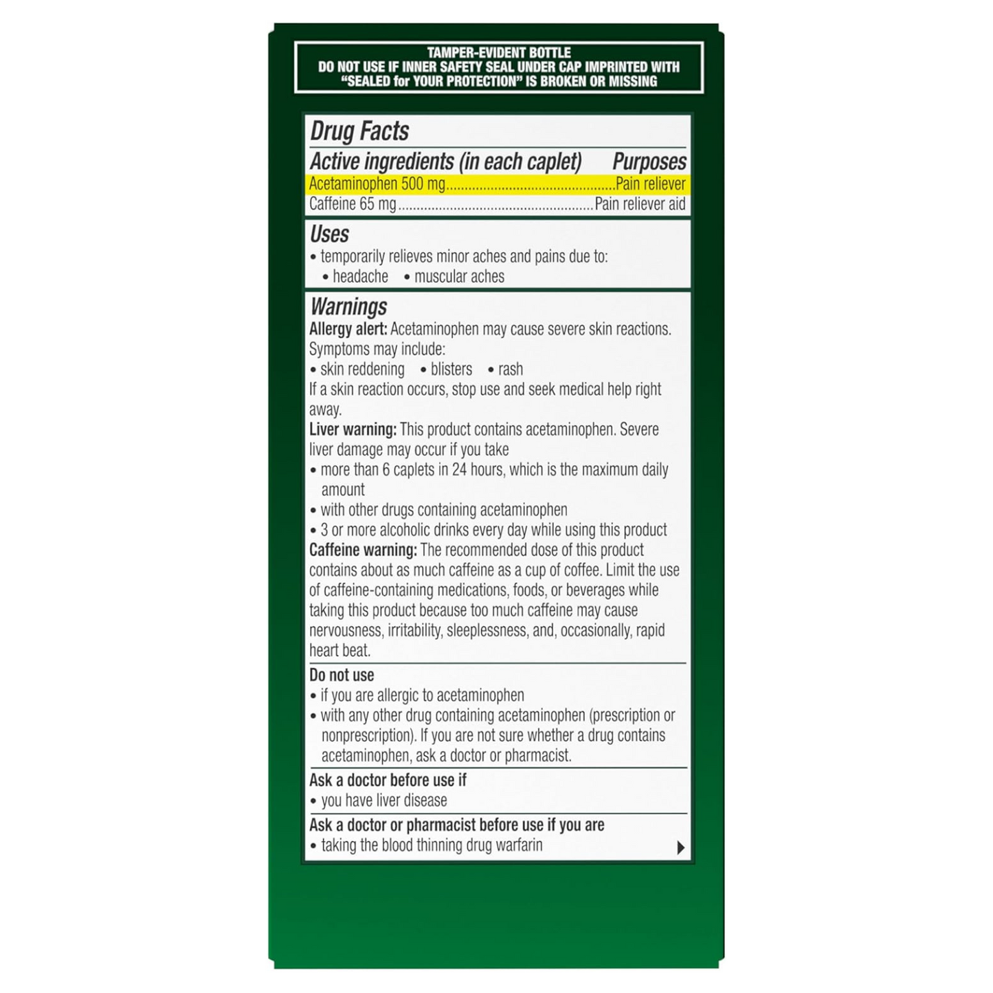 Excedrin Tension Headache- Aspirin free, acetaminophen 500mg y Cafeína 65mg - 100 tabletas