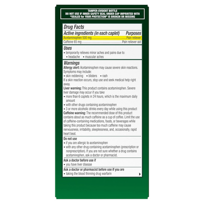Excedrin Tension Headache- Aspirin free, acetaminophen 500mg y Cafeína 65mg - 100 tabletas