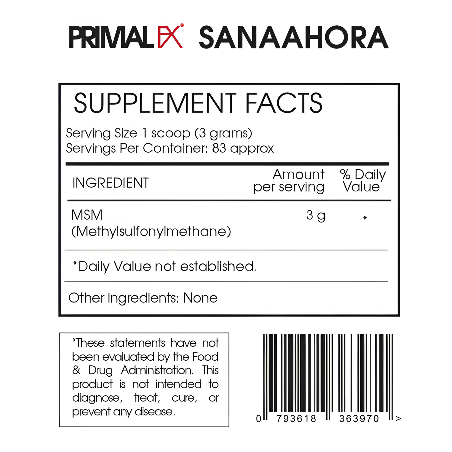 MSM Azufre dietético para articulaciones , 250 gramos - Primal FX