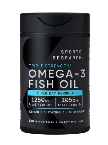Omega 3  Sports Research - Fish Oil 1250mg - 1055 mg. Omega 3 1055 mg - Triple Accion - 150 Cápsulas Blandas