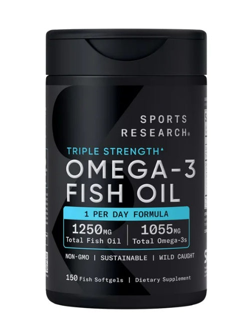 Omega 3  Sports Research - Fish Oil 1250mg - 1055 mg. Omega 3 1055 mg - Triple Accion - 150 Cápsulas Blandas