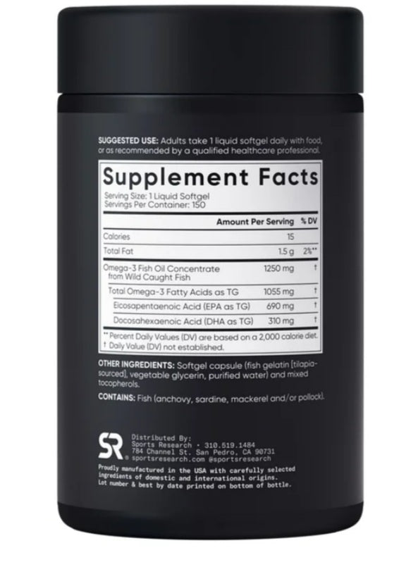 Omega 3  Sports Research - Fish Oil 1250mg - 1055 mg. Omega 3 1055 mg - Triple Accion - 150 Cápsulas Blandas