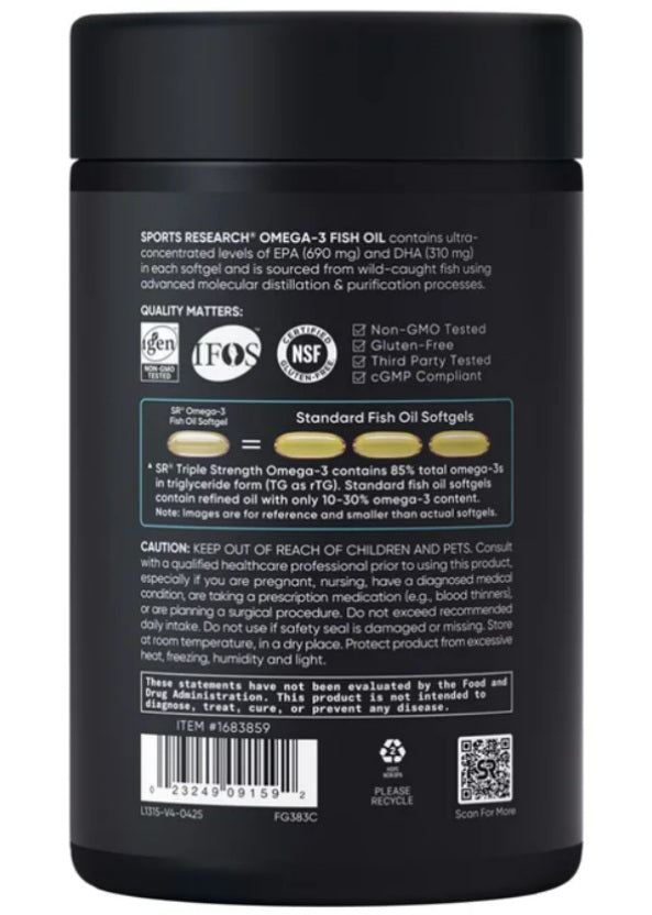Omega 3  Sports Research - Fish Oil 1250mg - 1055 mg. Omega 3 1055 mg - Triple Accion - 150 Cápsulas Blandas