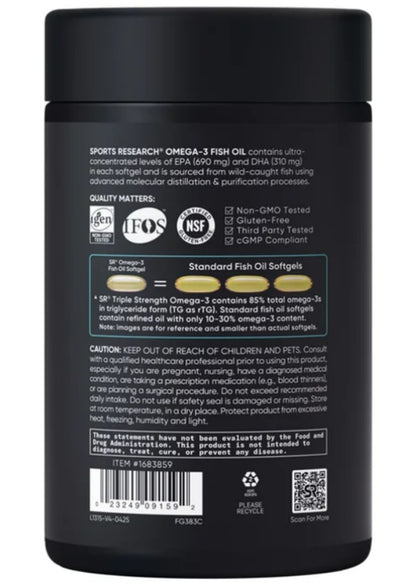 Omega 3  Sports Research - Fish Oil 1250mg - 1055 mg. Omega 3 1055 mg - Triple Accion - 150 Cápsulas Blandas