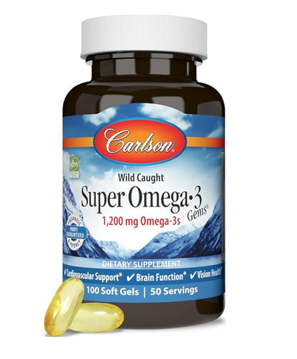 Carlson - Super Omega-3, 1200 mg de ácidos grasos omega-3 con EPA y DHA,  100 Capsulas de Gel.