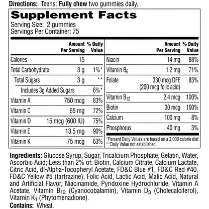 One A Day Teen  para Mujeres Adolecentes con Vitaminas A, C, E, B3, B6, B12, D+Calcio 150 Gomitas