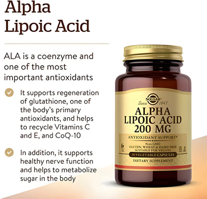 Alpha Lipoic Acid 200mg , 50 capsulas vegetables - Solgar