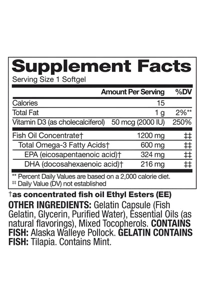 Omega 3 600 mg- Fish Oil 1200 mg  + D3 Double Strength Wild Alaskan Fresh Fish Oil (200 ct.)