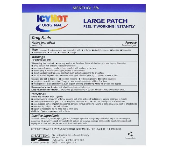 Icy Hot Parche original para aliviar el dolor 5 parches