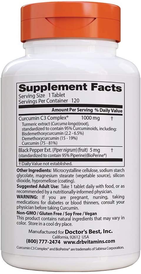 Doctor's Best Curcumina de raíz de cúrcuma con complejo C3 y bioperina- 120 tabletas