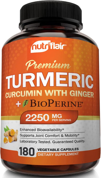 NutriFlair Turmeric Curcuma con Ginger y BioPerine Black Pepper  180 Capsules - 95% Curcuminoides