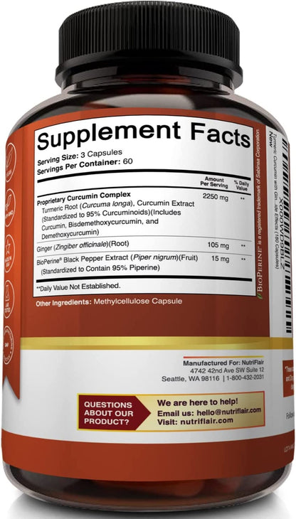 NutriFlair Turmeric Curcuma con Ginger y BioPerine Black Pepper  180 Capsules - 95% Curcuminoides