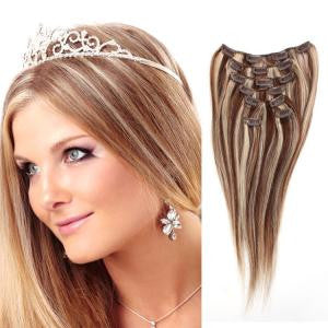 EXTENSIONES DE CABELLO LACIO NATURAL CON MECHAS CON CLIPS 55cm